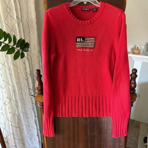 Vintage Polo Jeans Co Ralph Lauren Knit Sweater American Flag red Size Small - Picture 1 of 8